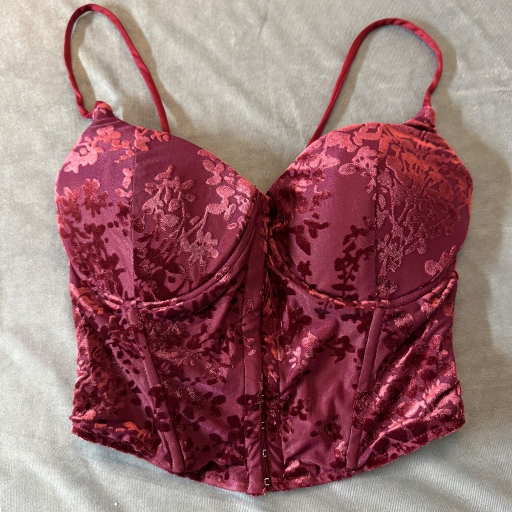 Lulus Corset Top XS Burgundy Floral Burnout Velvet Bustier Romantic Goth